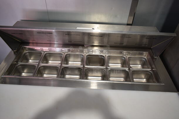 2020 Atosa MSF8302GR Stainless Steel Commercial Sandwich Salad Prep Table Bain Marie Mega Top w/ 12 Stainless Steel 1/6 Size Drop In Bins on Commercial Casters. 115 Volts, 1 Phase. Tested and Working! - Image 4 of 7
