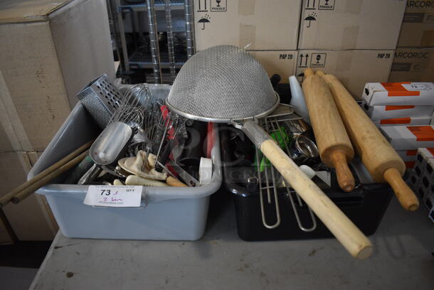 ALL ONE MONEY! Lot of 2 Bins of Various Utensils Including Strainer, Rolling Pins, Whisks and Skimmers.
