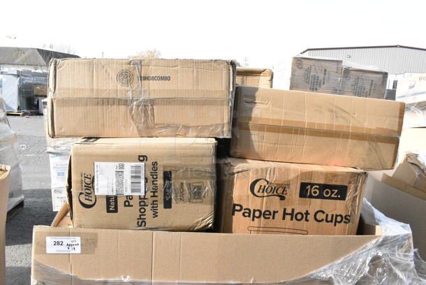 14 BRAND NEW Boxes Including Choice 16 oz Paper Hot Cups, 128HD8COMBO Choice Heavy Duty Plastic Deli Container, Choice Clear Dome Lids, 176RBD6WH Choice 6 Gallon White Round Beverage Dispenser. 14 Times Your Bid!  - Image 2 of 5