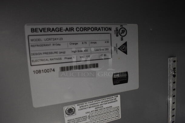 Beverage Air Model UCR72AY-23 Stainless Steel Commercial 3 Door Undercounter Cooler on Commercial Casters. 115 Volts, 1 Phase. 72x30.5x31.5. Tested and Powers On But Temps at 50 Degrees - Image 6 of 6