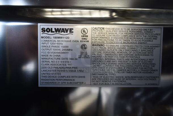 BRAND NEW SCRATCH AND DENT! Solwave 180MW112D 1000W Stackable Commercial Microwave with Large 1.2 cu. ft. Interior and Dial Controls. 120 Volts, 1 Phase.  - Image 6 of 6