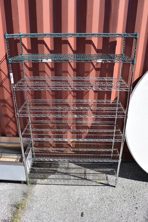 Chrome and Green Finish 7 Tier Wire Shelving Unit. BUYER MUST DISMANTLE. PCI CANNOT DISMANTLE FOR SHIPPING. PLEASE CONSIDER FREIGHT CHARGES. 48x18x75