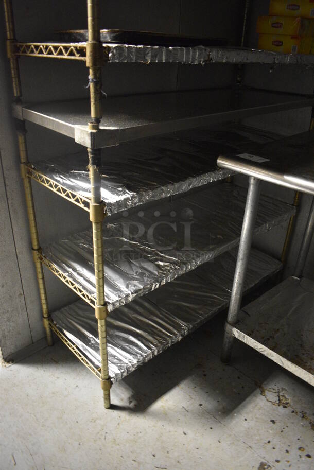 2 Gold Finish 4 Tier Shelving Unit. BUYER MUST DISMANTLE. PCI CANNOT DISMANTLE FOR SHIPPING. PLEASE CONSIDER FREIGHT CHARGES. 48x18x40.5. 2 Times Your Bid! (kitchen) - Image 3 of 4