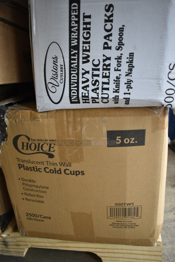 PALLET LOT of 30 BRAND NEW Boxes Including 50012C 12 oz. Coffee Print Poly Paper Hot Cup, 347SP10WH Visions Florence 10" Square White Plastic Plate - 120/Case, 394365XL Noble X Large Gloves, 50020W Choice 20 oz. White Poly Paper Hot Cup - 600/Case, 500CC12 Choice Clear PET Customizable Plastic Cold Cup - 12 oz. - 1000/Case, 500TW5 Choice 5 oz. Translucent Thin Wall Plastic Cold Cup - 2500/Case, 130BKFSNH Visions Heavy Weight Black Wrapped Plastic Cutlery Pack with Napkin - 500/Case, 130ROLLKFSSC Visions 18" x 15 1/2" Pre-Rolled Linen-Feel White Napkin and Classic Heavy Weight Silver Plastic Cutlery Set - 100/Case, 394385XL X Large Powder-Free Disposable Latex Gloves, 395L1020BGS Choice Hot Cup Lids, 130SERVSP8BK Choice 8 1/2" Black Disposable Plastic Serving Spoon - 72/Case, 130BFORK Choice Medium Weight Black Plastic Fork - 1000/Case, 612605070HD Full Size Heavy-Duty Foil Steam Table Pan Deep 3 3/8" Depth, 395TO661 Heavy duty foil steam table pans, Choice Portion Cup Lids, 1002218-EO Shopping Bags, 795PTOKFT8 Choice Kraft Microwavable Folded Paper #8 Take-Out Container 6" x 4 5/8" x 2 1/2" - 300/Case, 130ROLLKFSCL Compostable Sugarcane / Bagasse Take-Out Container, 500LFLATPLA Plastic Lid With Straw Slot, 433BR1852SACK Paper Barrel Sack, 500CC32 Choice HD 32 oz. Tall Heavy Weight Clear PET Plastic Cold Cup - 300/Case, 4339BULK Choice 9" White Uncoated Paper Plate - 1000/Case, 999SP10CL Visions 10" Square Plates. 30 Times Your Bid! - Image 6 of 12