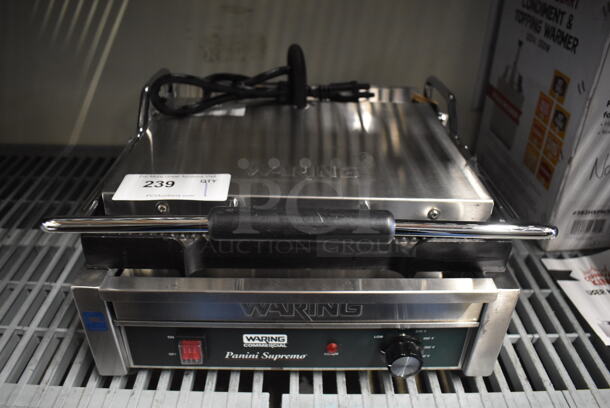 BRAND NEW! Waring Supremo WPG250 Stainless Steel Commercial Countertop Grooved Top & Bottom Panini Sandwich Grill. 120 Volts, 1 Phase. 20x19x9. Tested and Working!
