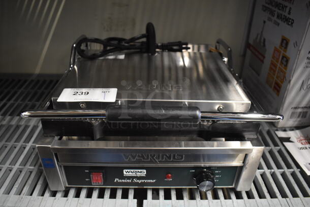 BRAND NEW! Waring Supremo WPG250 Stainless Steel Commercial Countertop Grooved Top & Bottom Panini Sandwich Grill. 120 Volts, 1 Phase. 20x19x9. Tested and Working! - Image 1 of 6