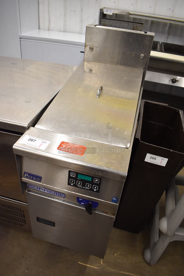 2020 Pitco Frialator SSPG14 Solstice Supreme Stainless Steel Commercial Floor Style Natural Gas Powered Pasta Cooker w/ Metal Bin and Lid. 60,000 BTU. 15.5x36x49 - Image 2 of 7