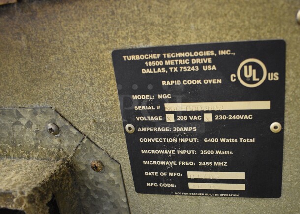 Turbochef Model NGC Stainless Steel Commercial Countertop Electric Powered Rapid Cook Oven. 208/230-240 Volts, 1 Phase. 26x26x23 - Image 6 of 6
