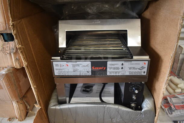 BRAND NEW IN BOX! Savory Model 18000 Stainless Steel Commercial Countertop Conveyor Toaster Oven. 208 Volts, 1 Phase. 15x23x19