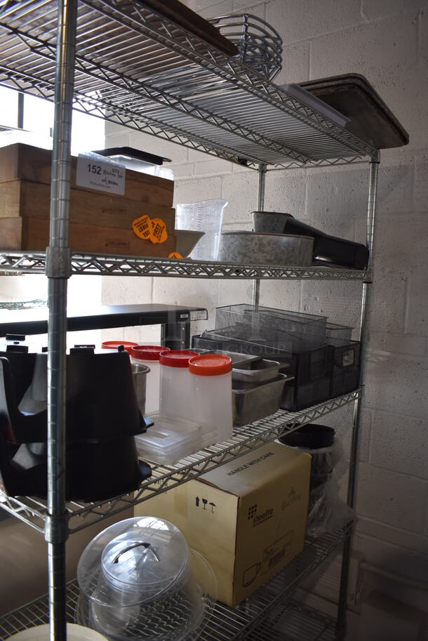 ALL ONE MONEY! Lot of Chrome Finish 5 Tier Shelving Unit w/ Contents Including Poly Cake Stand Covers, Mesh Bins, Metal Buckets, Stainless Steel Drop In Bins, Wooden Boxes and Silverware. BUYER MUST DISMANTLE. PCI CANNOT DISMANTLE FOR SHIPPING. PLEASE CONSIDER FREIGHT CHARGES. 49x18x77