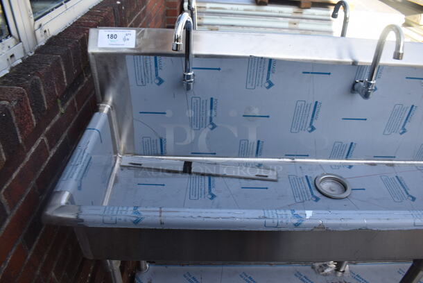 BRAND NEW SCRATCH AND DENT! Advance Tabco FS-FMM-100FV Stainless Steel 16 Gauge Multi Station Hand Sink w/ 5 Faucets, 5 Foot Pedals and Under Shelf. 100x18.5x44 - Image 7 of 8