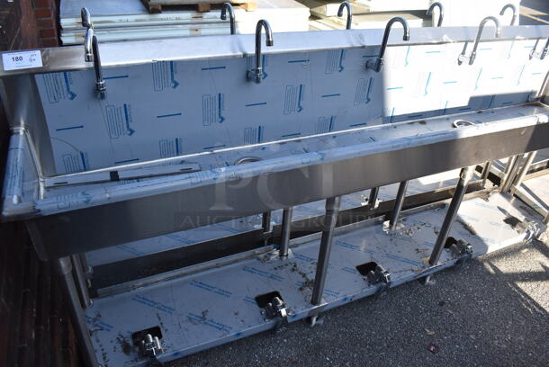 BRAND NEW SCRATCH AND DENT! Advance Tabco FS-FMM-100FV Stainless Steel 16 Gauge Multi Station Hand Sink w/ 5 Faucets, 5 Foot Pedals and Under Shelf. 100x18.5x44 - Image 8 of 8