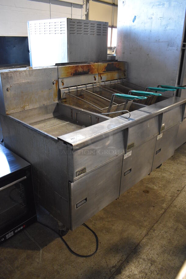 Pitco Frialator Model SG18 Stainless Steel Commercial Natural Gas Powered 2 Bay Deep Fat Fryer w/ Left Side Model SGBN Dumping Station and 4 Metal Fry Baskets on Commercial Casters. 140,000 BTU. 59x34.5x45.5 - Image 5 of 10