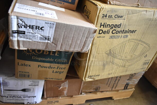 PALLET LOT of 32 BRAND NEW Boxes Including 612D3COMP Choice 8 1/2"x 6 3/8" 3-Compartment Oblong Foil Take-Out Container with Board Lid - 250/Case, 795PTOKFT3 Choice Kraft Microwavable Folded Paper #3 Take-Out Container 7 3/4" x 5 1/2" x 2 1/2" - 200/Case, 5008W Choice 8 oz. Tall White Poly Paper Hot Cup - 1000/Case, 2 Box Dart Foam Hinged Lid Containers, 164TBHRDWR8 Lancaster Table & Seating 12 Piece Floor Glide and Screw Table Base Hardware Kit, 5012433M1 Lavex Li'l Herc 12-16 Gallon 0.9 Mil 24" x 32" Low Density Medium-Duty Black Can Liner / Trash Bag - 250/Case, 394385L Noble Products White Powder-Free Disposable Latex Gloves for Foodservice - Large - 1000/Case, 760PCC05W Choice 5 oz. White Poly Paper Cold Cup - 3000/Case, 126MF883B3C Ecopax 8" x 8" 3-Compartment Microwaveable Black Mineral-Filled Plastic Hinged Take-Out Container - 150/Case. 32 Times Your Bid! - Image 7 of 10