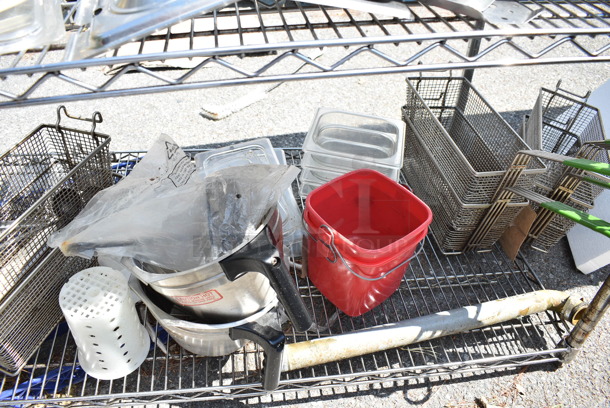 Chrome Finish 2 Tier Wire Shelving Unit w/ Contents Including Stainless Steel Drop In Bin Lids. BUYER MUST DISMANTLE. PCI CANNOT DISMANTLE FOR SHIPPING. PLEASE CONSIDER FREIGHT CHARGES. - Image 6 of 7