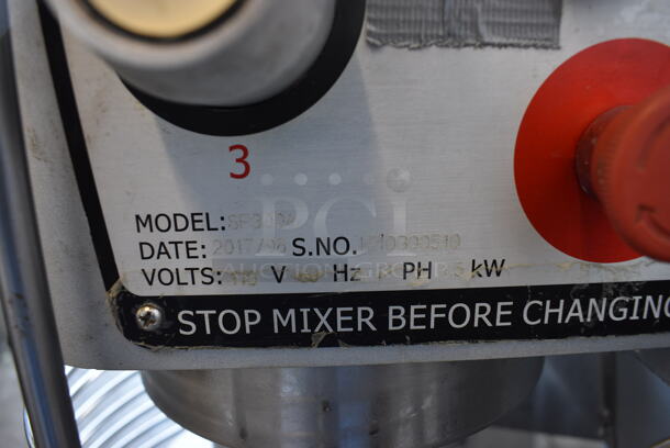 2017 Omcan Model SF300A Metal Commercial Floor Style 30 Quart Planetary Dough Mixer w/ Stainless Steel Mixing Bowl, Bowl Guard, Dough Hook, Paddle and Whisk Attachments. 110 Volts, 1 Phase. 22x24x45.5. Tested and Working w/ The Use of the Pull Chain - Image 5 of 6