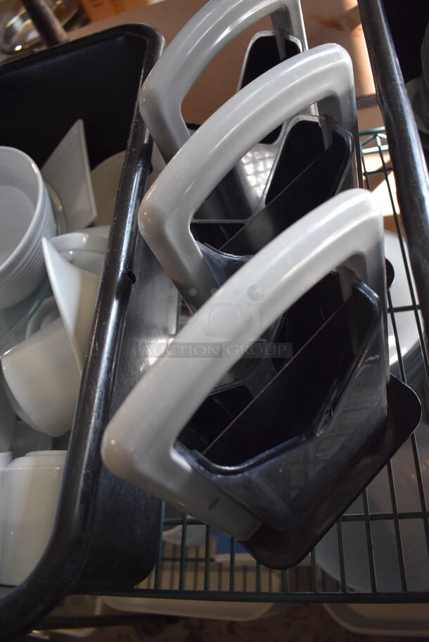 ALL ONE MONEY! Lot of Green Finish 4 Tier Shelving Unit on Commercial Casters w/ Contents Including 3 Bagel Cutters, Poly Bowls, Poly Trays, Ceramic Vases, Ceramic Plates. BUYER MUST DISMANTLE. PCI CANNOT DISMANTLE FOR SHIPPING. PLEASE CONSIDER FREIGHT CHARGES. 48x18x80.  - Image 9 of 12