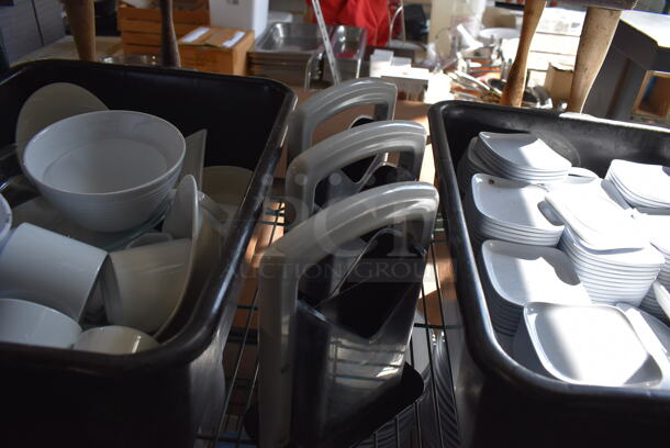 ALL ONE MONEY! Lot of Green Finish 4 Tier Shelving Unit on Commercial Casters w/ Contents Including 3 Bagel Cutters, Poly Bowls, Poly Trays, Ceramic Vases, Ceramic Plates. BUYER MUST DISMANTLE. PCI CANNOT DISMANTLE FOR SHIPPING. PLEASE CONSIDER FREIGHT CHARGES. 48x18x80.  - Image 10 of 12