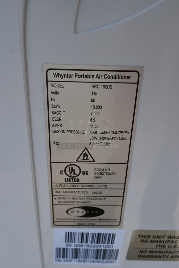 BRAND NEW SCRATCH AND DENT! Whynter ARC-102CS 10,000 BTU Remote Control Compact Portable Air Conditioner. 115 Volts, 1 Phase. Tested and Working!  - Image 6 of 6
