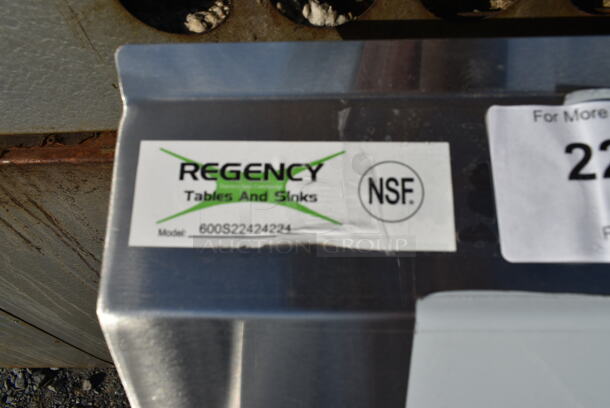 BRAND NEW SCRATCH AND DENT! Regency 600S22424224 98" 16 Gauge Stainless Steel Two Compartment Commercial Sink with Galvanized Steel Legs and 2 Drainboards - 24" x 24" x 14" Bowls. No Legs.  - Image 5 of 5