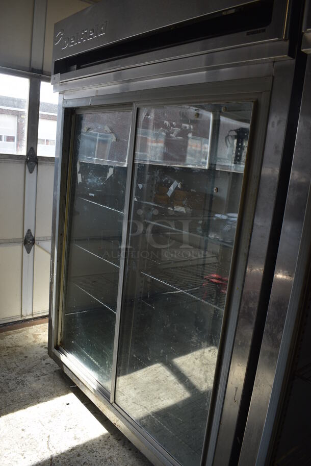 Delfield Model MRR2-SL Stainless Steel Commercial 2 Door Reach In Cooler Merchandiser w/ Metal Racks on Commercial Casters. 115 Volts, 1 Phase. 56x34x79. Tested and Working! - Image 2 of 5