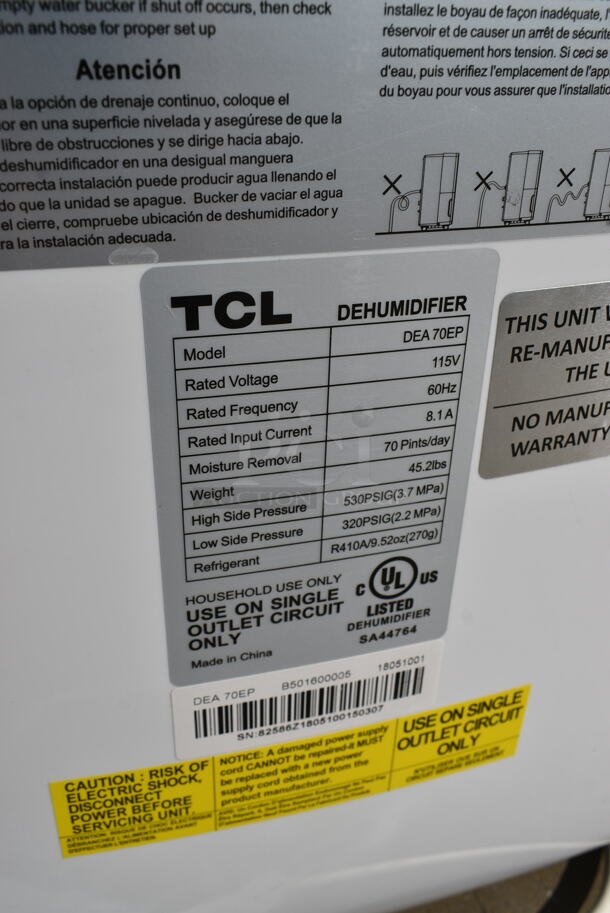 BRAND NEW SCRATCH AND DENT! TCL DEA70EP 70 Pint Dehumidifier. 115 Volts, 1 Phase. Tested and Working!  - Image 7 of 7