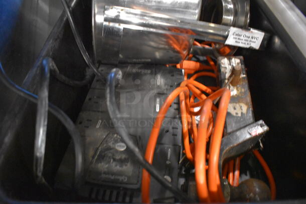 ALL ONE MONEY! Lot of Various Items Including Metal Meat Grinder Tray, Uninterruptible Power Supply and Extension Cord in Black Poly Bus Bin - Image 3 of 4
