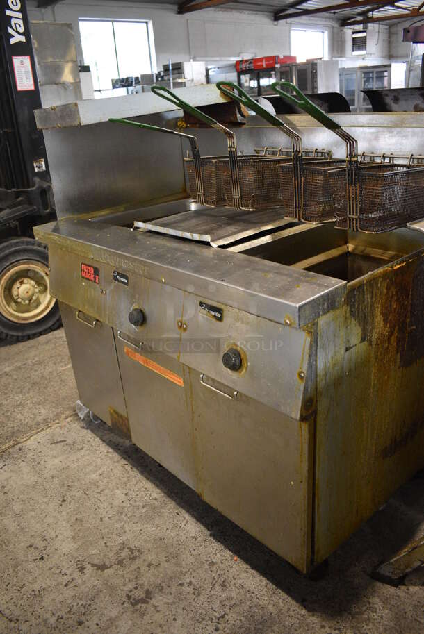 Frymaster Model FM235SD Stainless Steel Commercial Propane Gas Powered Deep Fat Fryer w/ Left Side Dumping Station, 4 Baskets and Lid on Commercial Casters. 110,000 BTU. 47x32x51 - Image 2 of 9