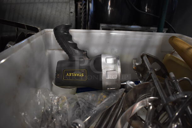 ALL ONE MONEY! Lot of Various Items Including Metal Ice Cream Machine Parts Including Auger and Drip Tray in White Poly Bin - Image 5 of 6