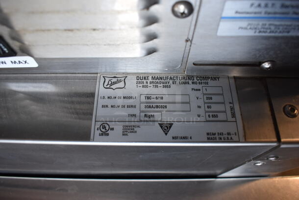 Duke TSC-6/18 Stainless Steel Commercial Electric Powered Oven Proofer on Commercial Casters. 208 Volts, 1 Phase. 37x30.5x78 - Image 6 of 6