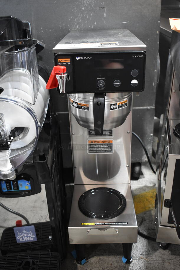 BRAND NEW SCRATCH AND DENT! 2024 Bunn SINGLE AXIOM 15 Stainless Steel Commercial Countertop Single 1 Gallon Coffee Brewer w/ Hot Water Dispenser, Metal Brew Basket and Server Satellite. 120 Volts, 1 Phase.  - Image 3 of 8