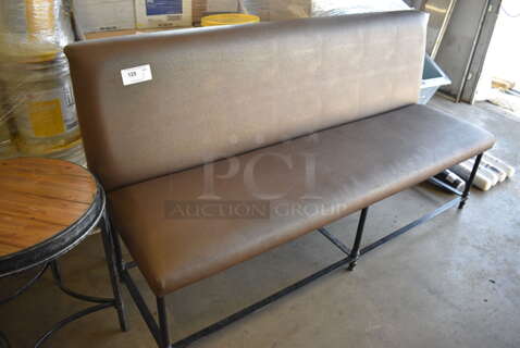 Brown Bench w/ Back Rest on Black Metal Frame. 72x26x39