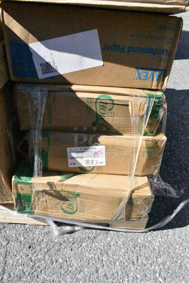 20 BRAND NEW Boxes Including 130SCB048DL Visions Clear PET Plastic Dome Lid for 24, 32, and 48 oz. Square Bowls - 300/Case, Herc 5014347M15 Lavex Li'l Herc 56 Gallon 1.5 Mil 43" x 47" Low Density Medium-Duty Black Can Liner / Trash Bag - 100/Case, 5001RT350N Lavex Natural Kraft Hardwound Paper Towel, 350 Feet / Roll - 12/Case, 3 Box 395RP09 EcoChoice Compostable Sugarcane / Bagasse 9" Plate - 500/Case, 433NHT101 Choice 1/6 Standard Size White "Thank You" Medium-Duty Plastic T-Shirt Bag - 1000/Case, 3 Box 760SOUP16WB Choice 16 oz. White Double Poly-Coated Paper Food Cup - 500/Case, Dart 16MJ20 16 oz. Medium Squat White Customizable Foam Food Container, 500TW5 Choice 5 oz. Translucent Thin Wall Plastic Cold Cup - 2500/Case. 20 Times Your Bid!  - Image 6 of 12
