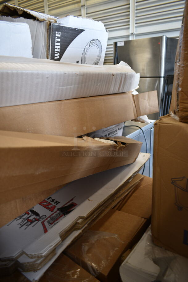 PALLET LOT of 34 BRAND NEW Boxes Including 2 Box 129MCR24B Choice 24 oz. Black Round Microwavable Heavy Weight Container with Lid 7 1/4" - 150/Case, Banquet Roll 40'x300', 3 Box 347RPBD10WHS Visions 10" White Plastic Plate with Silver Bands - 120/Case, 500TSCOVER Lavex Half Fold Paper Toilet Seat Cover - 5000/Case, 394385L Noble Products White Powder-Free Disposable Latex Gloves for Foodservice - Large - 1000/Case, 395TO991 EcoChoice 9" x 9" x 3" Compostable Sugarcane / Bagasse 1 Compartment Take-Out Box - 200/Case, Choice Foil Steam Table Pans. 34 Times Your Bid! - Image 2 of 12