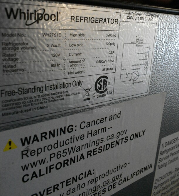 Whirlpool WH27S1E Metal Mini Cooler. 115 Volts, 1 Phase. Tested and Powers On But Does Not Get Cold - Image 6 of 6
