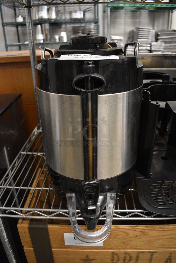 2 Stainless Steel and Black Poly Beverage Holder Dispenser and 2 Black Poly Stands w/ Drip Trays. 9x12x14, 9x13x10. 2 Times Your Bid! - Image 2 of 6