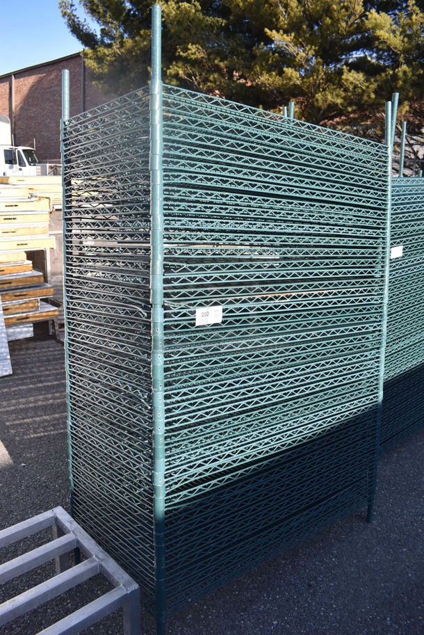 ALL ONE MONEY! Lot of 40 Green Finish Wire Shelves and 4 Poles. 48x24x1.5, 75