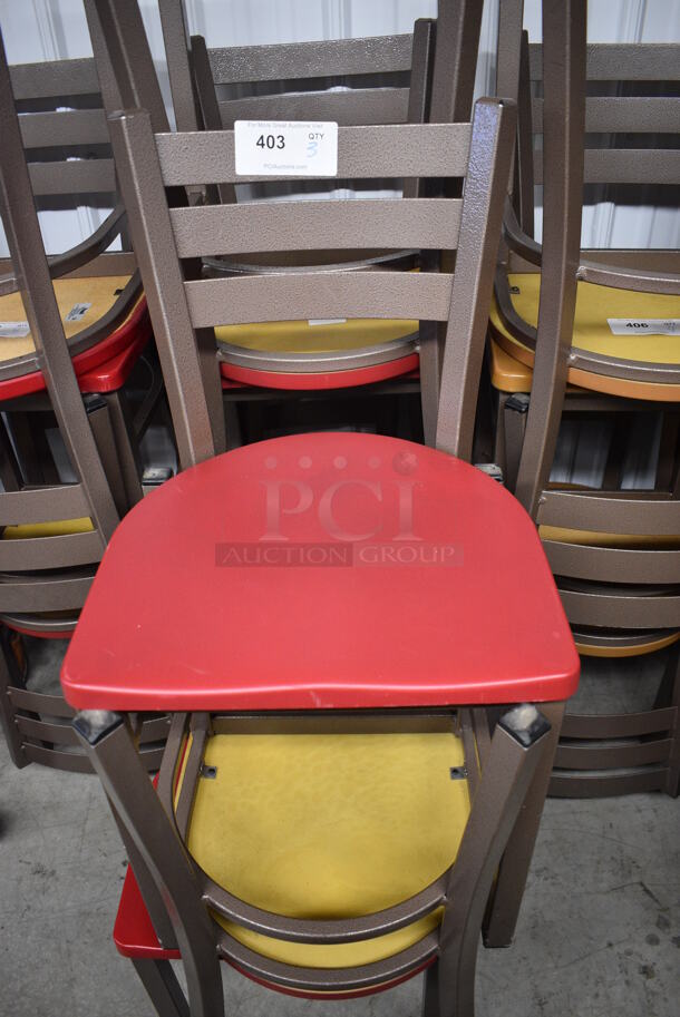 3 Brown Metal Dining Chairs w/ Red Seat. Stock Picture - Cosmetic Condition May Vary. 17x16x32. 3 Times Your Bid!