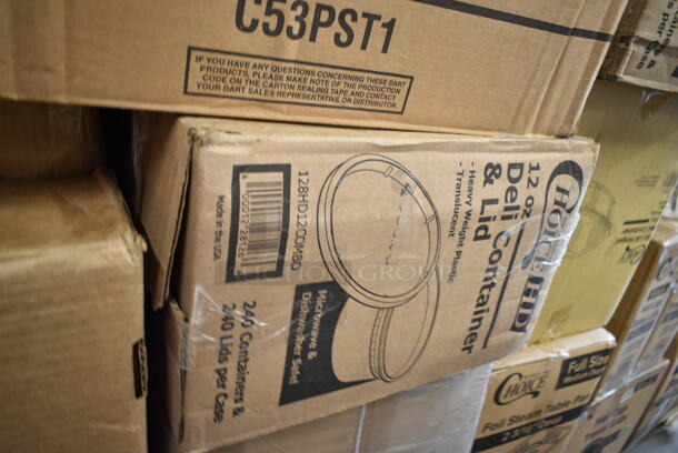 PALLET LOT of 35 BRAND NEW Boxes Including 127CH12 Choice 12 oz. Clear RPET Hinged Deli Container - 200/Case, 5002BNAPWH Choice 2-Ply White Beverage / Cocktail Napkin - 3000/Case, 500CFT Lavex White C-Fold Standard Weight Towel - 2400/Case, 612FS7800 Choice Full Size Foil Steam Table Pan Medium 2 3/16" Depth - 50/Case, 128HD8COMBO ChoiceHD 8 oz. Microwavable Translucent Plastic Deli Container and Lid Combo Pack - 240/Case 128HD12COMBO ChoiceHD 12 oz. Microwavable Translucent Plastic Deli Container and Lid Combo Pack - 240/Case, 2 Box Kraft #3 Containers, 127DM8BULK Choice 8 oz. Ultra Clear PET Plastic Round Deli Container - 500/Case, 5013858 Lavex Hercules 55 Gallon 2 Mil 38" x 58" Low Density Heavy-Duty Black Can Liner / Trash Bag - 50/Case, 3 Box 8" Corrugated Cake Circles, 5005GTWH Lavex Linen-Feel White Customizable 1/6 Fold Guest Towel - 500/Case, Choice Sandwich Wedge Containers, 500L1020W Choice White Hot Paper Cup Travel Lid for 10-24 oz. Standard Cups and 8 oz. Squat Cups - 1000/Case, 612FHL1230 Choice Foil Steam Table Pan Lid - Half Size - 100/Case, 

 35 Times Your Bid! - Image 8 of 12