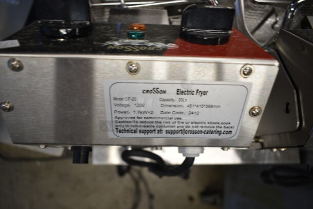 BRAND NEW SCRATCH AND DENT! 2024 Crosson CF-20 Stainless Steel Commercial Countertop Electric Powered 2 Bay Fryer w/ 2 Metal Fry Baskets and 2 Lids. 120 Volts, 1 Phase. - Image 10 of 11