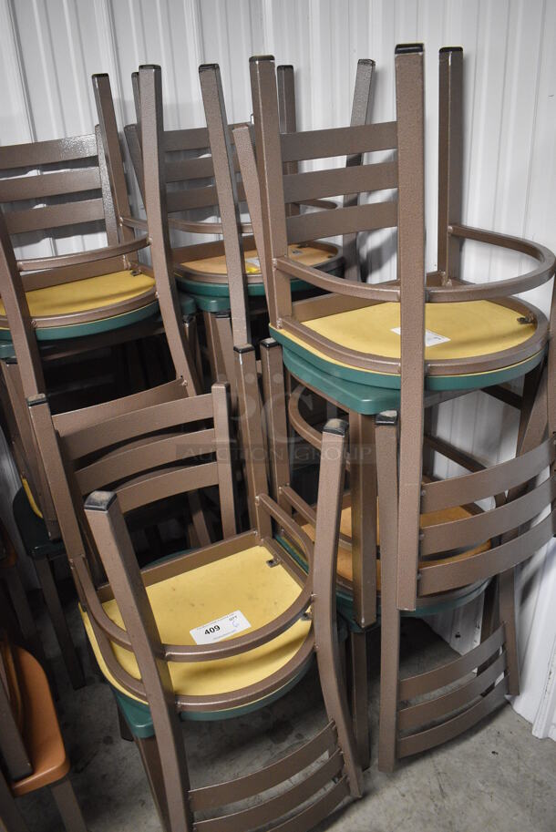4 Brown Metal Dining Chairs w/ Green Seat. Stock Picture - Cosmetic Condition May Vary. 17x16x32. 4 Times Your Bid! - Image 4 of 4
