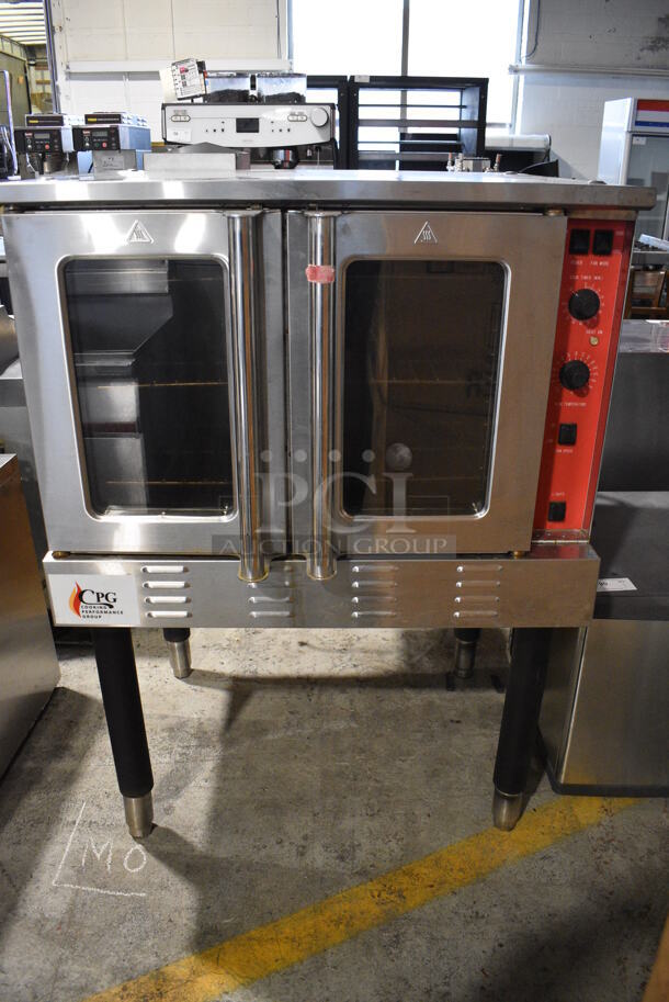 CPG Model FGC 100 Stainless Steel Commercial Natural Gas Powered Full Size Convection Oven w/ View Through Doors, Metal Oven Racks and Thermostatic Controls on Metal Legs. 54,000 BTU. 38x35x56