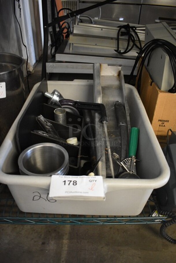 ALL ONE MONEY! Lot of Various Items Including Black Holder, Round Metal Bins and Ice Cream Scoop in Gray Poly Bus Bin. 21x15x7.