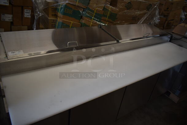 BRAND NEW SCRATCH AND DENT! 2023 Avantco 178SSPPT3 Stainless Steel Commercial Refrigerated Pizza Prep Table on Commercial Casters. 115 Volts, 1 Phase. Tested and Working! - Image 3 of 12