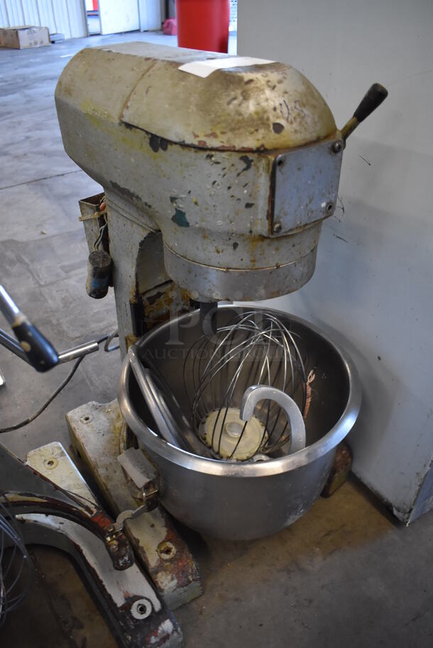 Metal Commercial Countertop 20 Quart Planetary Dough Mixer w/ Metal Mixing Bow, Dough Hook, Paddle and Balloon Whisk Attachments. 115 Volts, 1 Phase. 17x17x30. Cannot Test - Unit Needs New Power Cord
