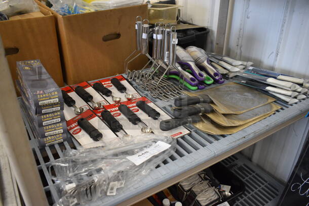ALL ONE MONEY! BRAND NEW! Lot of 5 Spades, 11 Tongs, 8 Scoopers, 3 Spatulas, 6 Masher, 8 Cheese Cutters and 16 Dexter Knives.