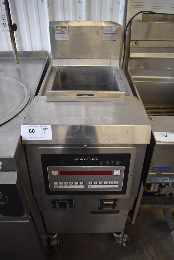 Henny Penny OFE-321 Stainless Steel Commercial Floor Style Electric Powered Deep Fat Open Fryer on Commercial Casters. 208 Volts, 3 Phase. 18x31x48