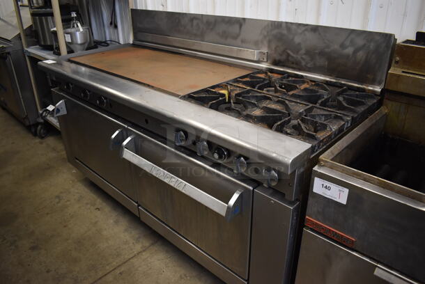 Imperial Stainless Steel Commercial Natural Gas Powered 4 Burner Range w/ Flat Top Griddle, 2 Ovens and Back Splash on Commercial Casters. 72x32x46