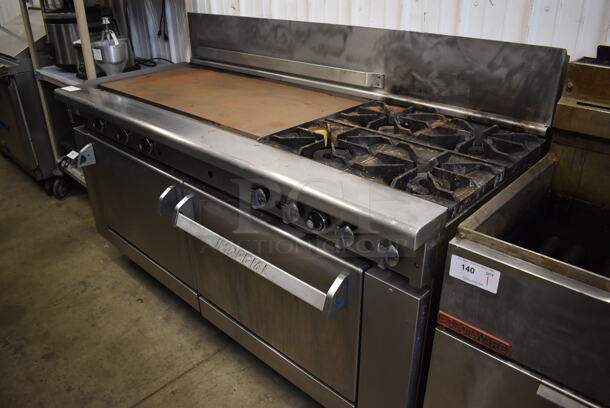 Imperial Stainless Steel Commercial Natural Gas Powered 4 Burner Range w/ Flat Top Griddle, 2 Ovens and Back Splash on Commercial Casters. 72x32x46 - Image 1 of 7