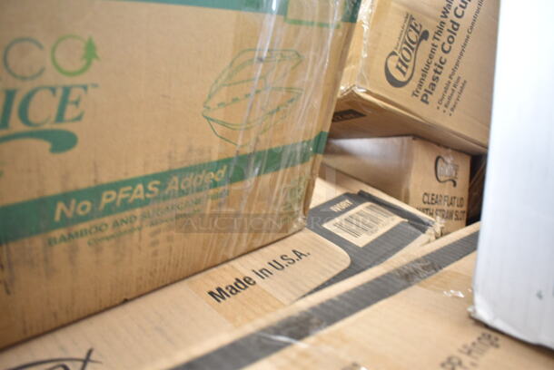 PALLET LOT of 35 BRAND NEW Boxes Including 750IC06B Choice 6 oz. Blue Paper Frozen Yogurt / Food Cup - 1000/Case, PP883 Ivory Containers, 966TALLFLDB Choice White Tall-Fold 6" x 13" Dispenser Napkin - 8000/Case, 2 Box 5001RT800B Lavex 8" White Hardwound Paper Towel, 800 Feet / Roll - 6/Case, 130BHWPLAFR EcoChoice Heavy Weight 6 1/2" Black CPLA Plastic Fork - 1000/Case, 500CFT Lavex White C-Fold Standard Weight Towel - 2400/Case, 43208500 Choice Black Beverage Napkins, 500LFLAT Choice Clear Flat Lid with Straw Slot - 9, 12, 16, 20, and 24 oz. - 1000/Case, 5001RT350B Lavex White Hardwound Paper Towel, 350 Feet / Roll - 12/Case, 795PTOKFT3 Choice Kraft Microwavable Folded Paper #3 Take-Out Container 7 3/4" x 5 1/2" x 2 1/2" - 200/Case, Elkay EZWSR Zurn Elkay ezH20 EZWSR Stainless Steel Non-Filtered Bottle Filling Station - Non-Refrigerated, 347RP9WHSS Visions Wave 9" White Plastic Plate - 180/Case. 35 Times Your Bid!  - Image 3 of 12